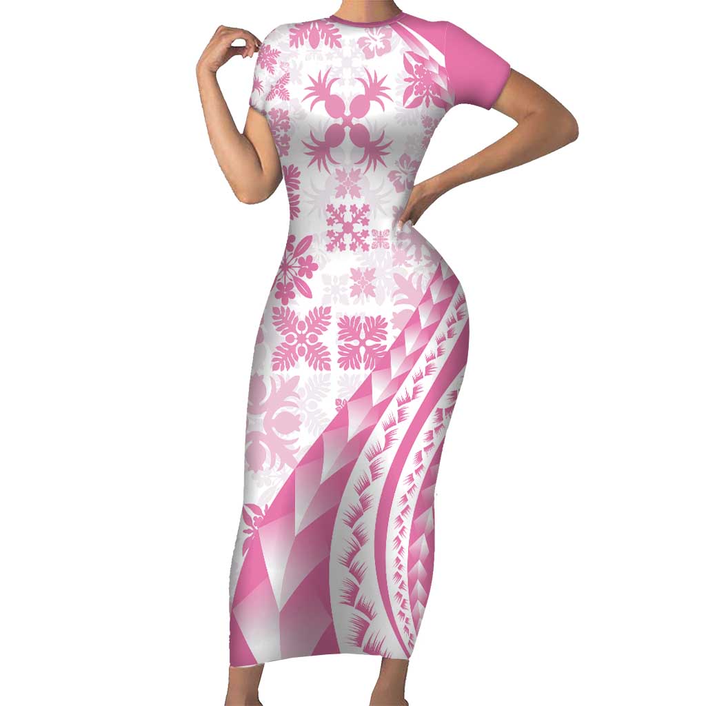 Pink Hawaiian Quilt Pattern Short Sleeve Bodycon Dress Mixed Polynesian Tribal Arty