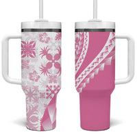 Pink Hawaiian Quilt Pattern Tumbler With Handle Mixed Polynesian Tribal Arty