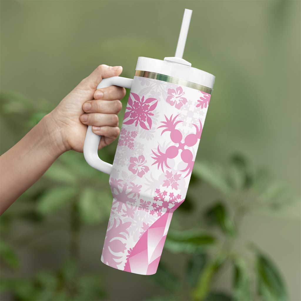 Pink Hawaiian Quilt Pattern Tumbler With Handle Mixed Polynesian Tribal Arty