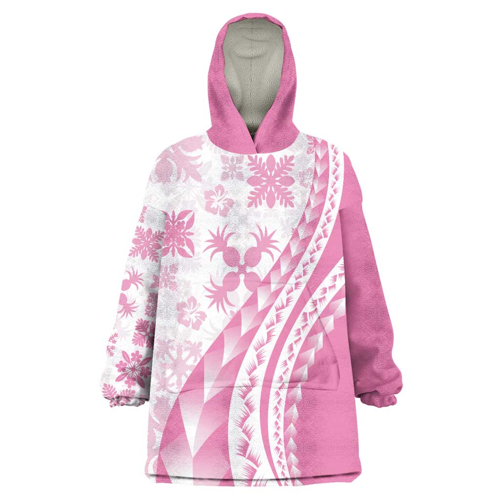Pink Hawaiian Quilt Pattern Wearable Blanket Hoodie Mixed Polynesian Tribal Arty