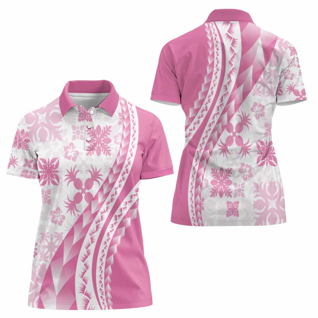 Pink Hawaiian Quilt Pattern Women Polo Shirt Mixed Polynesian Tribal Arty