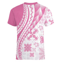 Pink Hawaiian Quilt Pattern Women V-Neck T-Shirt Mixed Polynesian Tribal Arty