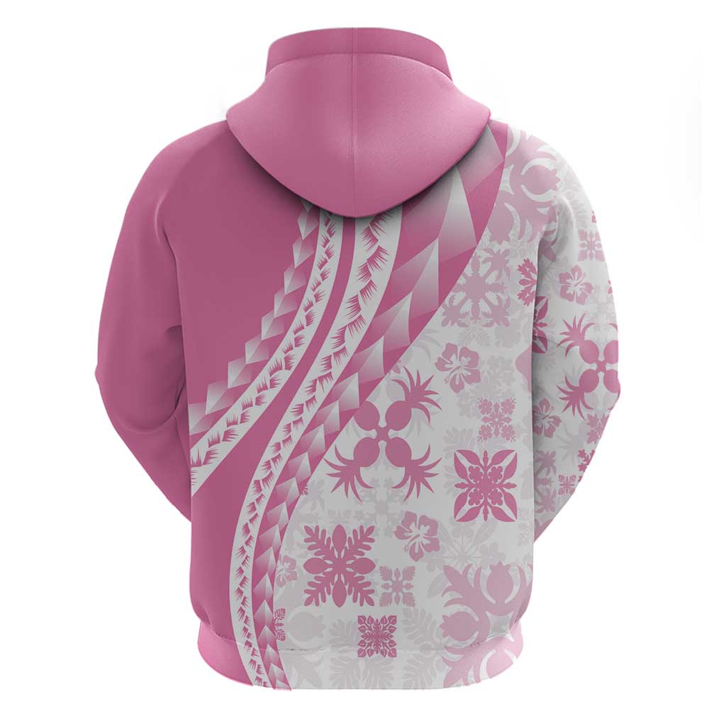 Pink Hawaiian Quilt Pattern Zip Hoodie Mixed Polynesian Tribal Arty