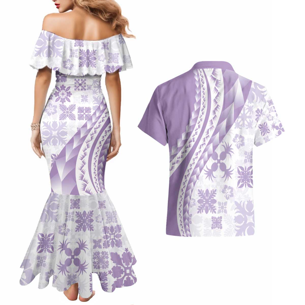 Purple Hawaiian Quilt Pattern Couples Matching Mermaid Dress and Hawaiian Shirt Mixed Polynesian Tribal Arty