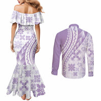 Purple Hawaiian Quilt Pattern Couples Matching Mermaid Dress and Long Sleeve Button Shirt Mixed Polynesian Tribal Arty