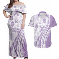 Purple Hawaiian Quilt Pattern Couples Matching Off Shoulder Maxi Dress and Hawaiian Shirt Mixed Polynesian Tribal Arty
