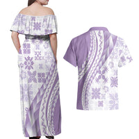 Purple Hawaiian Quilt Pattern Couples Matching Off Shoulder Maxi Dress and Hawaiian Shirt Mixed Polynesian Tribal Arty