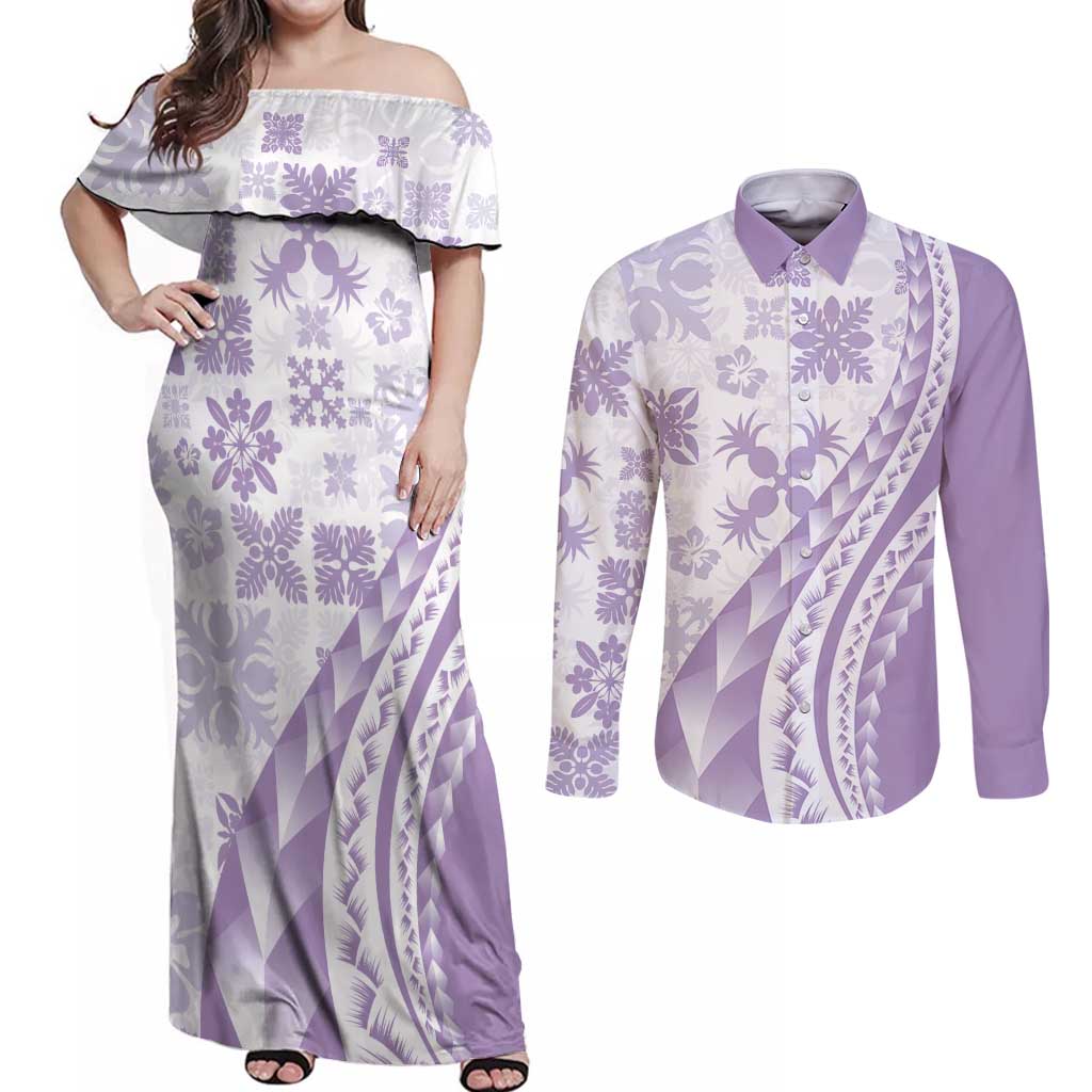 Purple Hawaiian Quilt Pattern Couples Matching Off Shoulder Maxi Dress and Long Sleeve Button Shirt Mixed Polynesian Tribal Arty