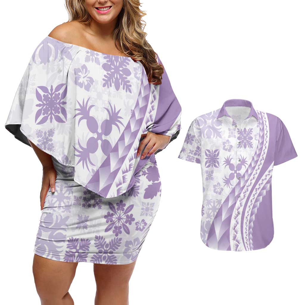 Purple Hawaiian Quilt Pattern Couples Matching Off Shoulder Short Dress and Hawaiian Shirt Mixed Polynesian Tribal Arty