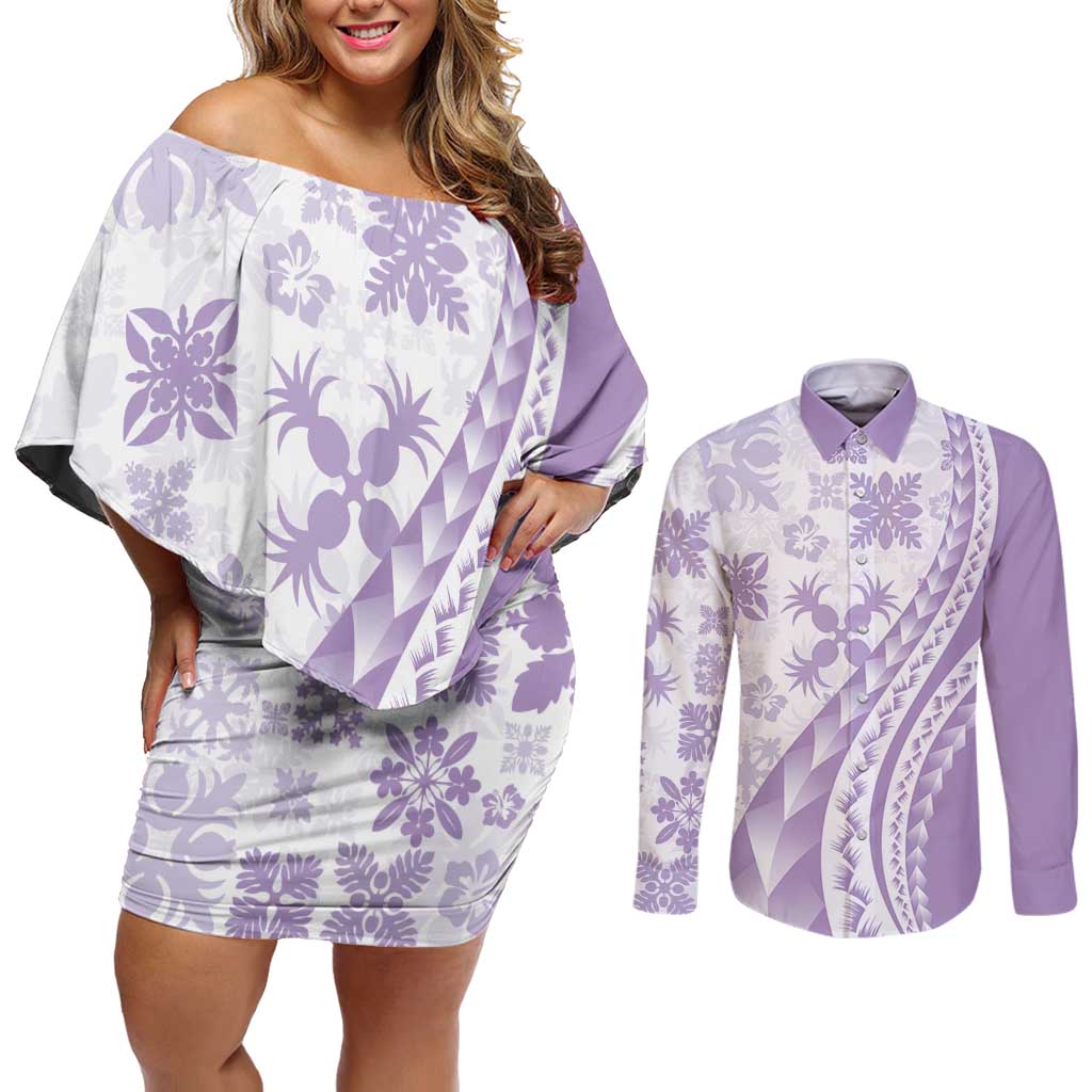 Purple Hawaiian Quilt Pattern Couples Matching Off Shoulder Short Dress and Long Sleeve Button Shirt Mixed Polynesian Tribal Arty