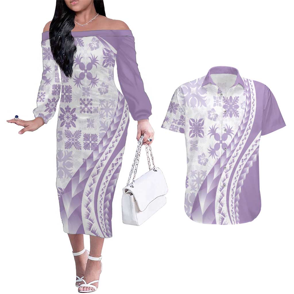 Purple Hawaiian Quilt Pattern Couples Matching Off The Shoulder Long Sleeve Dress and Hawaiian Shirt Mixed Polynesian Tribal Arty