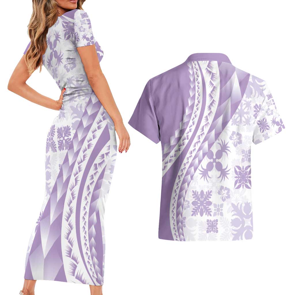 Purple Hawaiian Quilt Pattern Couples Matching Short Sleeve Bodycon Dress and Hawaiian Shirt Mixed Polynesian Tribal Arty