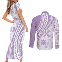 Purple Hawaiian Quilt Pattern Couples Matching Short Sleeve Bodycon Dress and Long Sleeve Button Shirt Mixed Polynesian Tribal Arty
