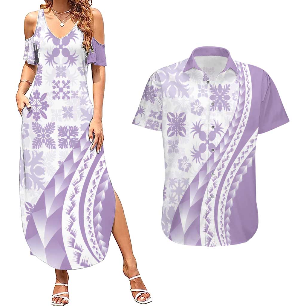 Purple Hawaiian Quilt Pattern Couples Matching Summer Maxi Dress and Hawaiian Shirt Mixed Polynesian Tribal Arty