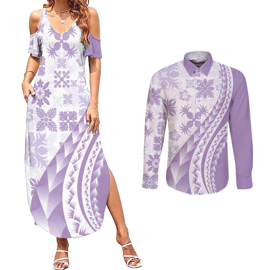 Purple Hawaiian Quilt Pattern Couples Matching Summer Maxi Dress and Long Sleeve Button Shirt Mixed Polynesian Tribal Arty