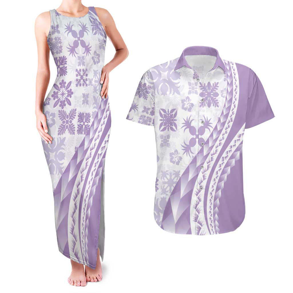 Purple Hawaiian Quilt Pattern Couples Matching Tank Maxi Dress and Hawaiian Shirt Mixed Polynesian Tribal Arty