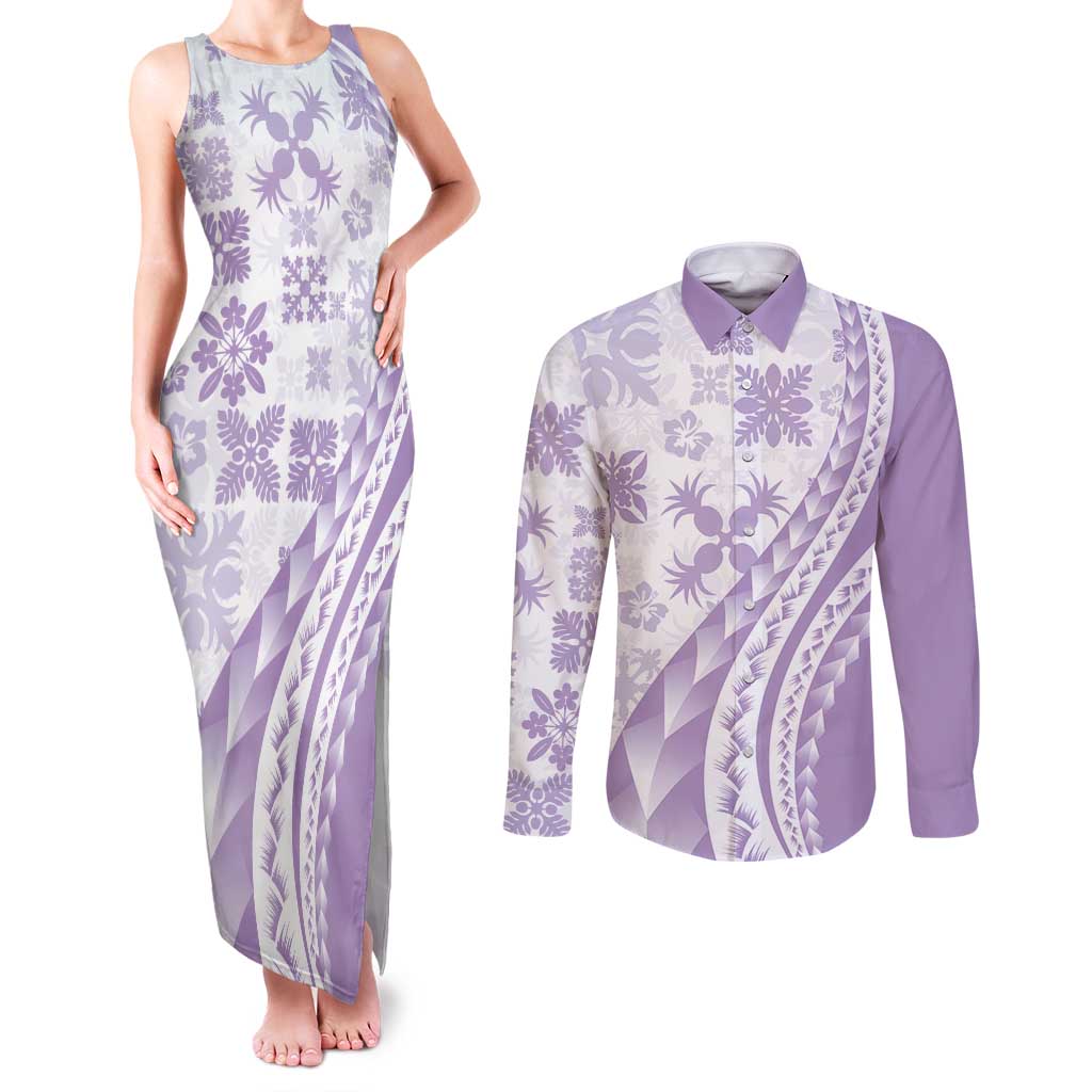 Purple Hawaiian Quilt Pattern Couples Matching Tank Maxi Dress and Long Sleeve Button Shirt Mixed Polynesian Tribal Arty