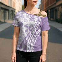 Purple Hawaiian Quilt Pattern Cross Shoulder Shirt Mixed Polynesian Tribal Arty - Polynesian Pride