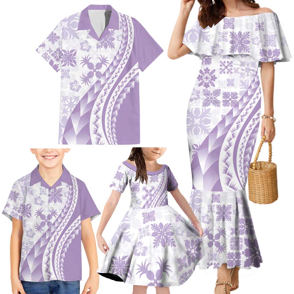 Purple Hawaiian Quilt Pattern Family Matching Mermaid Dress and Hawaiian Shirt Mixed Polynesian Tribal Arty