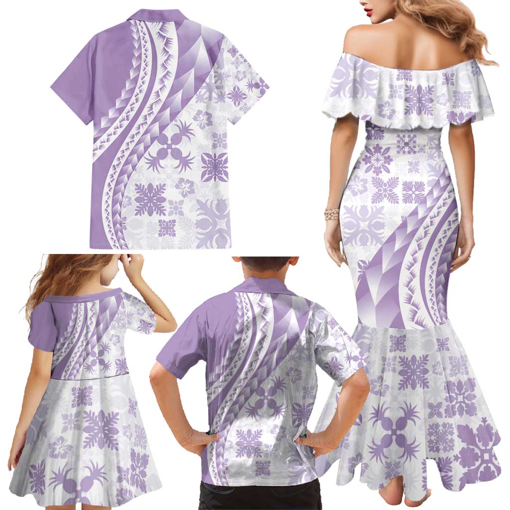 Purple Hawaiian Quilt Pattern Family Matching Mermaid Dress and Hawaiian Shirt Mixed Polynesian Tribal Arty
