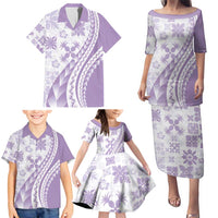 Purple Hawaiian Quilt Pattern Family Matching Puletasi and Hawaiian Shirt Mixed Polynesian Tribal Arty