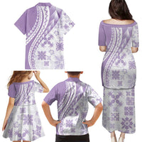 Purple Hawaiian Quilt Pattern Family Matching Puletasi and Hawaiian Shirt Mixed Polynesian Tribal Arty