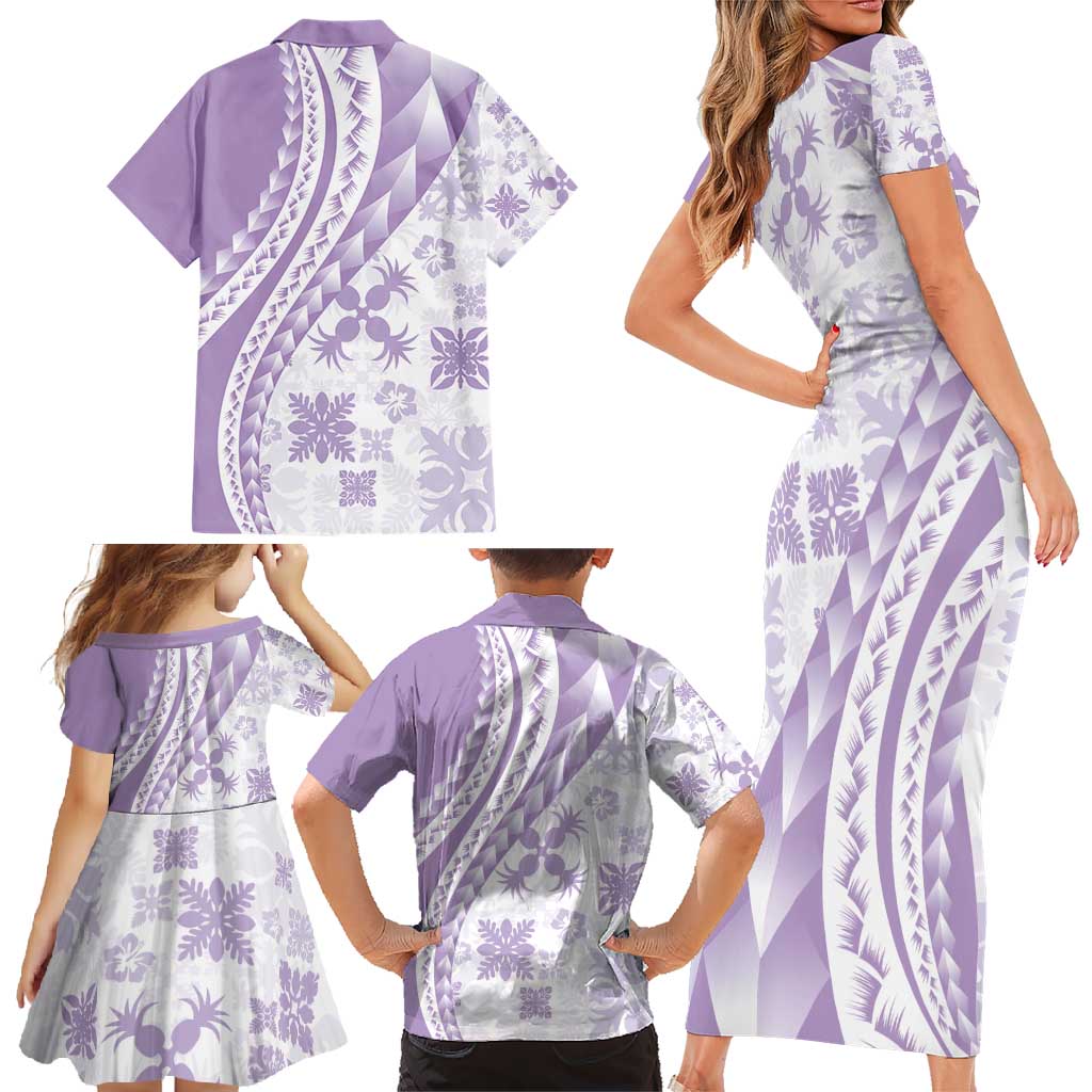 Purple Hawaiian Quilt Pattern Family Matching Short Sleeve Bodycon Dress and Hawaiian Shirt Mixed Polynesian Tribal Arty