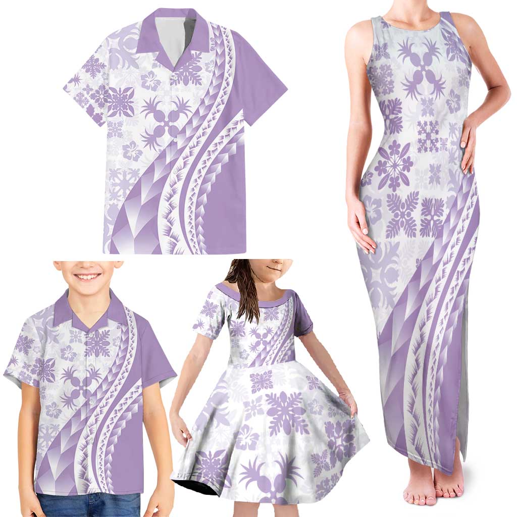 Purple Hawaiian Quilt Pattern Family Matching Tank Maxi Dress and Hawaiian Shirt Mixed Polynesian Tribal Arty