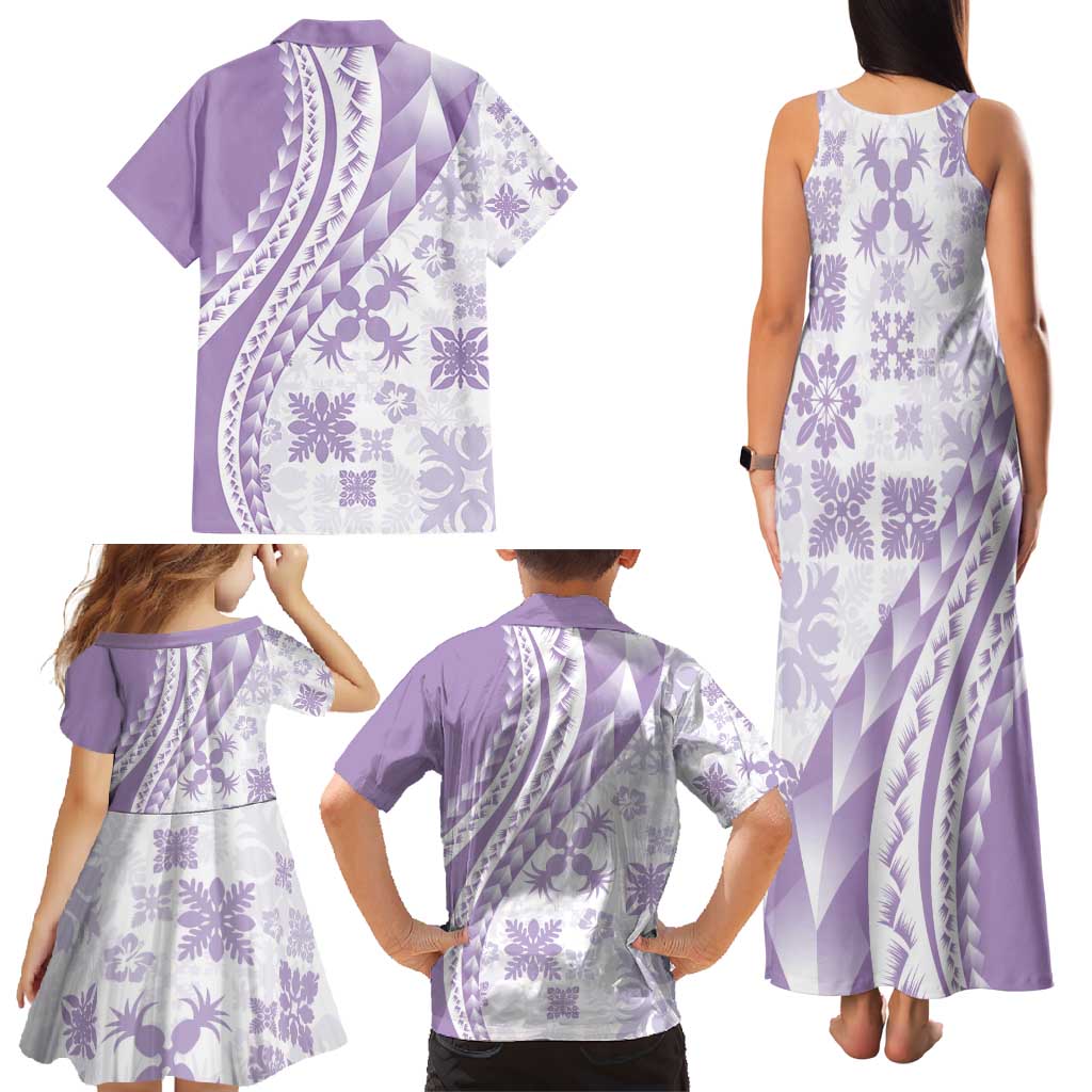 Purple Hawaiian Quilt Pattern Family Matching Tank Maxi Dress and Hawaiian Shirt Mixed Polynesian Tribal Arty