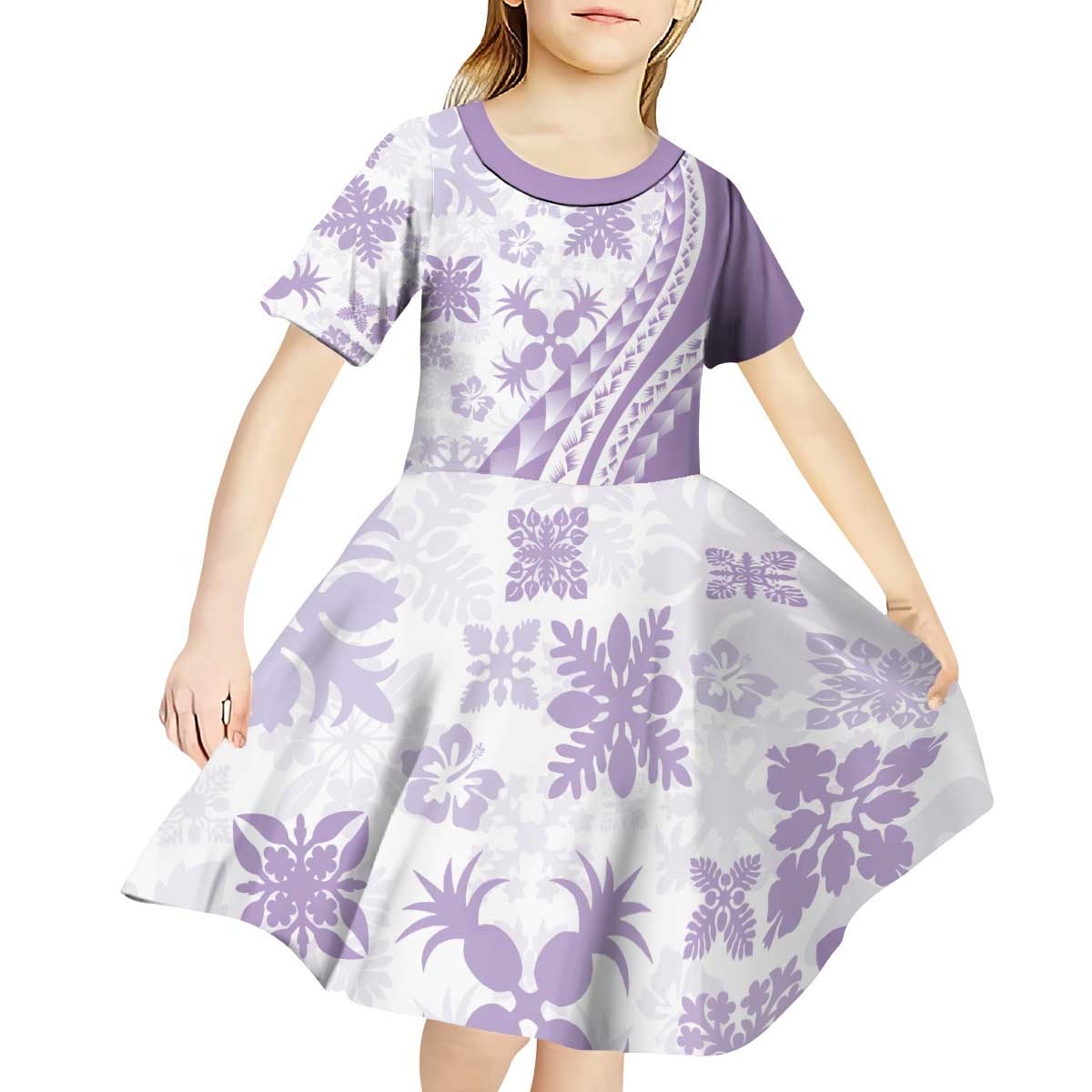 Purple Hawaiian Quilt Pattern Kid Short Sleeve Dress Mixed Polynesian Tribal Arty