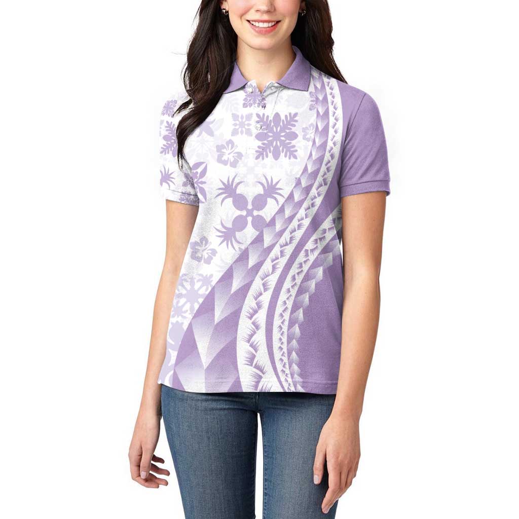Purple Hawaiian Quilt Pattern Women Polo Shirt Mixed Polynesian Tribal Arty