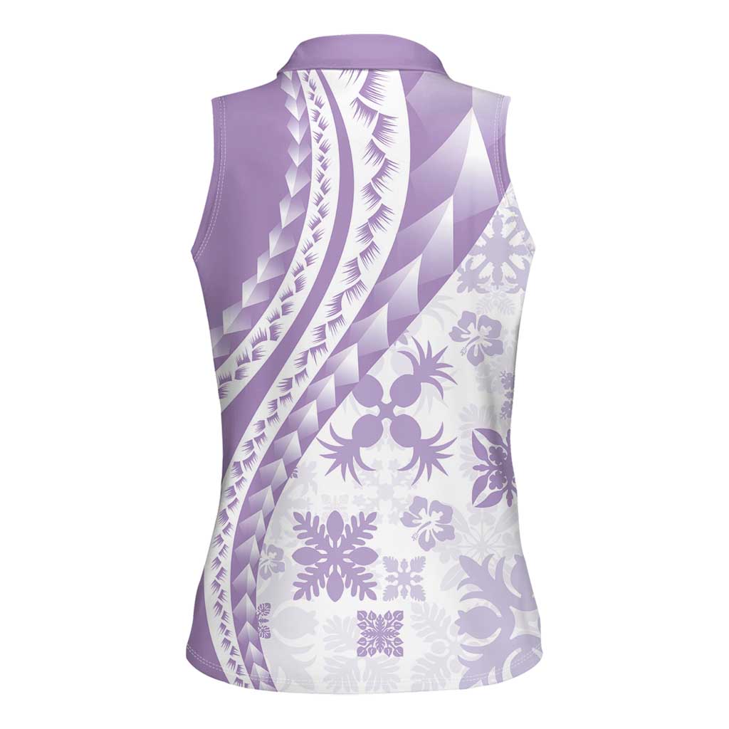 Purple Hawaiian Quilt Pattern Women Sleeveless Polo Shirt Mixed Polynesian Tribal Arty