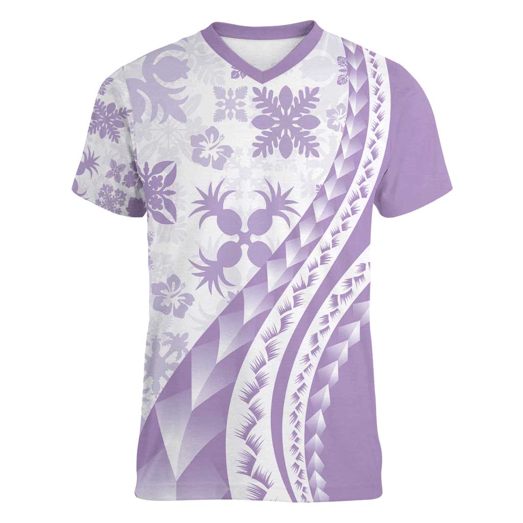 Purple Hawaiian Quilt Pattern Women V-Neck T-Shirt Mixed Polynesian Tribal Arty