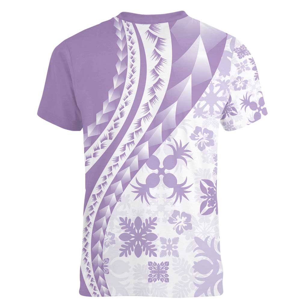 Purple Hawaiian Quilt Pattern Women V-Neck T-Shirt Mixed Polynesian Tribal Arty