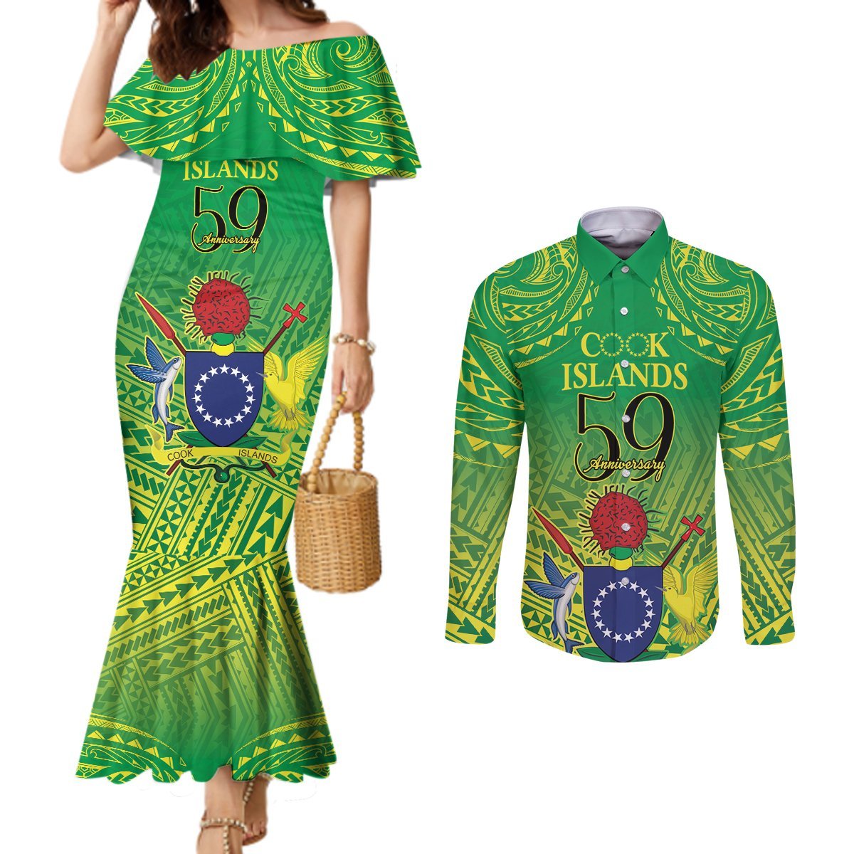 Cook Islands Constitution Day Couples Matching Mermaid Dress and Long Sleeve Button Shirt Kuki Airani Since 1965 LT9 Green - Polynesian Pride