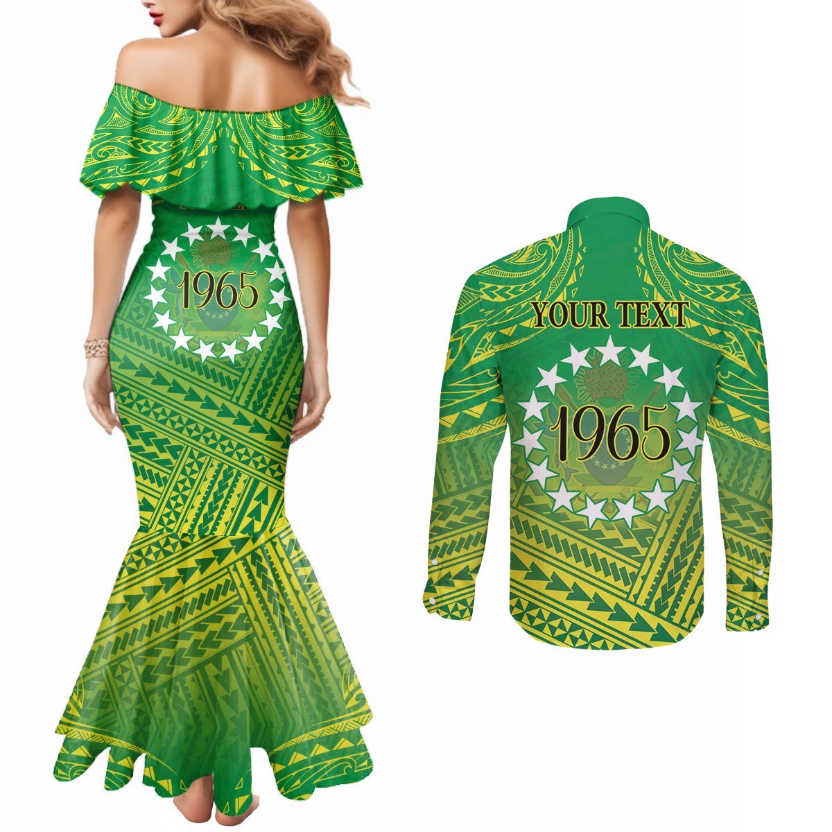 Cook Islands Constitution Day Couples Matching Mermaid Dress and Long Sleeve Button Shirt Kuki Airani Since 1965 LT9 - Polynesian Pride