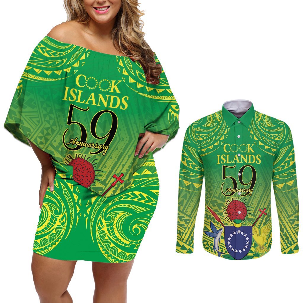 Cook Islands Constitution Day Couples Matching Off Shoulder Short Dress and Long Sleeve Button Shirt Kuki Airani Since 1965 LT9 Green - Polynesian Pride