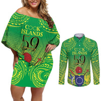 Cook Islands Constitution Day Couples Matching Off Shoulder Short Dress and Long Sleeve Button Shirt Kuki Airani Since 1965 LT9 Green - Polynesian Pride