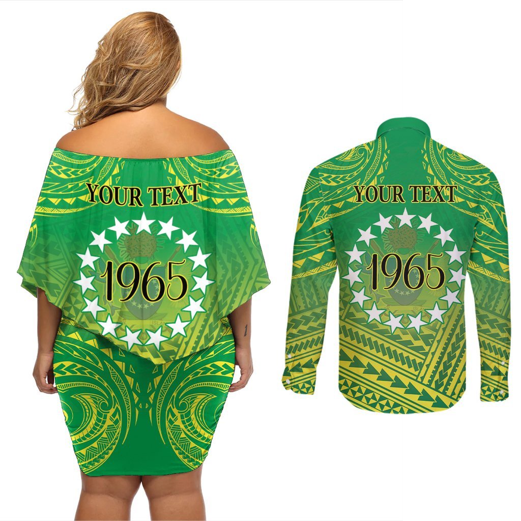 Cook Islands Constitution Day Couples Matching Off Shoulder Short Dress and Long Sleeve Button Shirt Kuki Airani Since 1965 LT9 - Polynesian Pride
