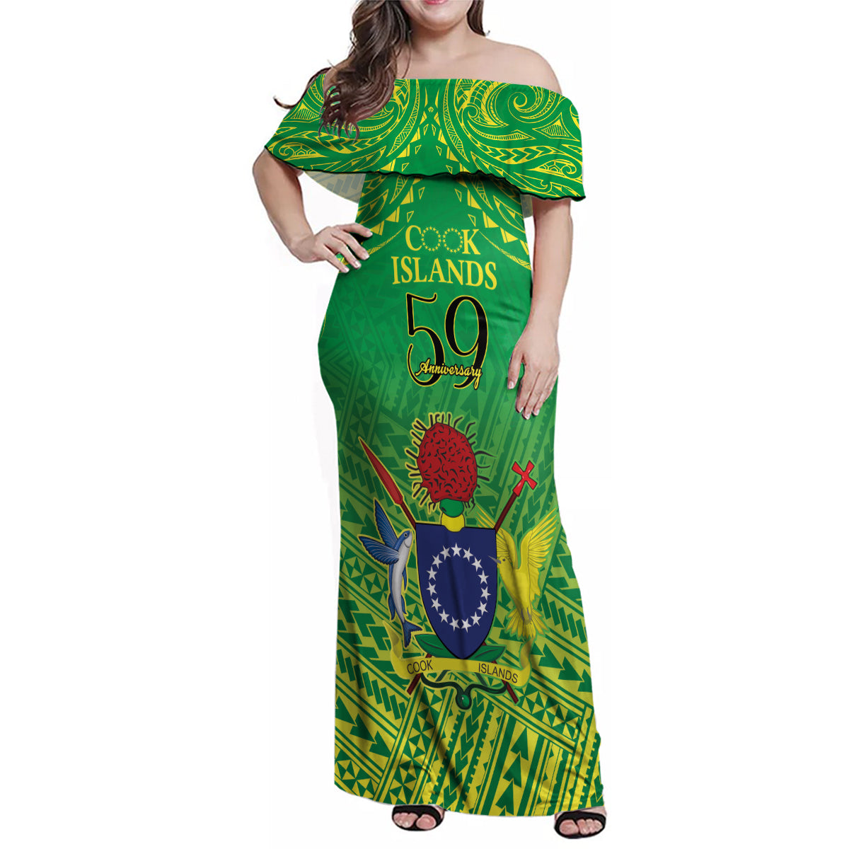 Cook Islands Constitution Day Family Matching Off Shoulder Maxi Dress and Hawaiian Shirt Kuki Airani Since 1965