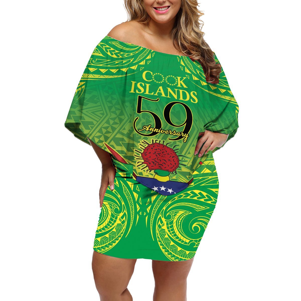 Cook Islands Constitution Day Off Shoulder Short Dress Kuki Airani Since 1965 LT9 Women Green - Polynesian Pride