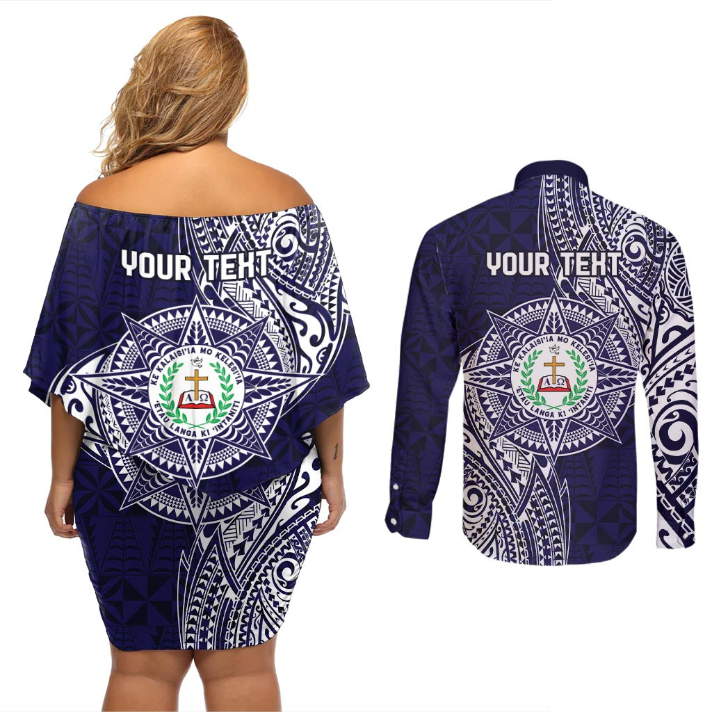 Personalised Tonga Sia'atoutai Theological College Couples Matching Off Shoulder Short Dress and Long Sleeve Button Shirt Since 1948 Special Kupesi Pattern