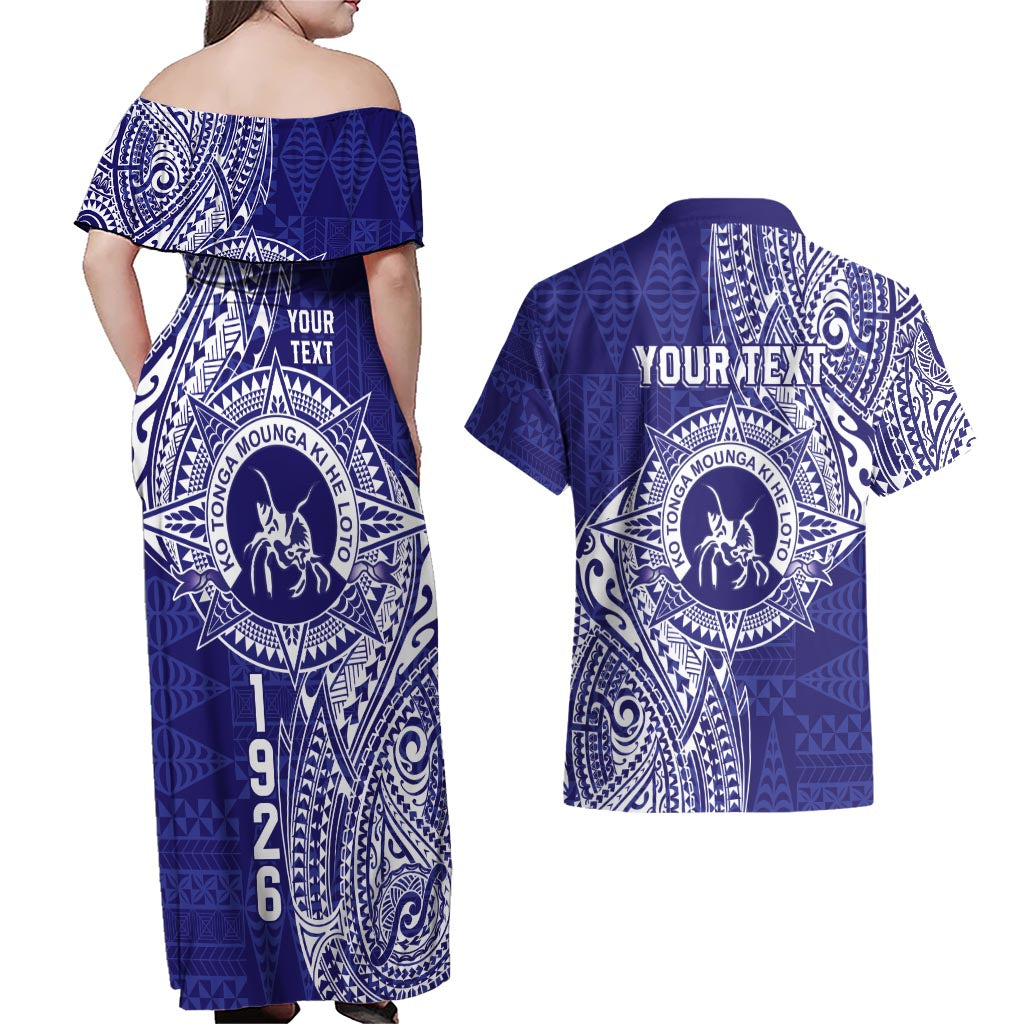 Personalised Tonga Queen Salote College Couples Matching Off Shoulder Maxi Dress and Hawaiian Shirt Kolisi Fefine 1926 Special Kupesi Pattern