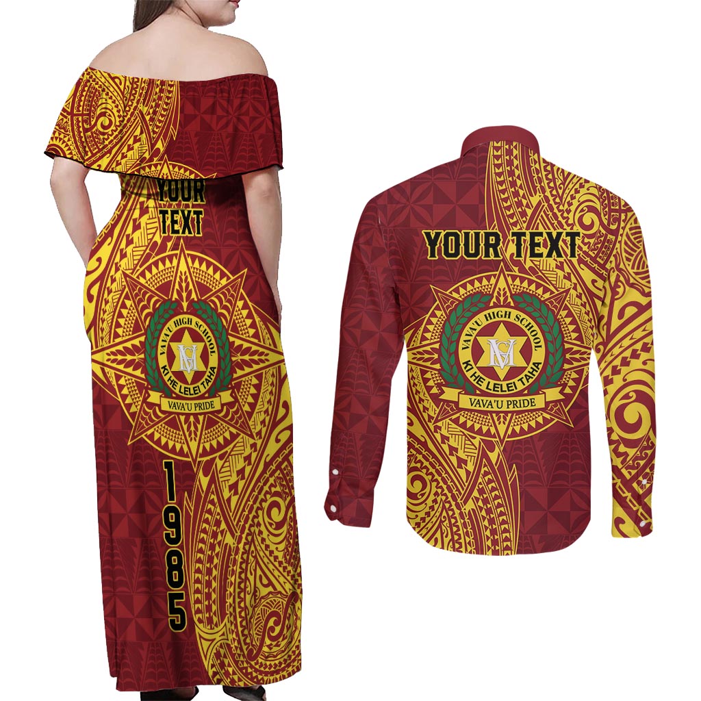 Personalised Tonga Vava'u High School Couples Matching Off Shoulder Maxi Dress and Long Sleeve Button Shirt Since 1985 Special Kupesi Pattern