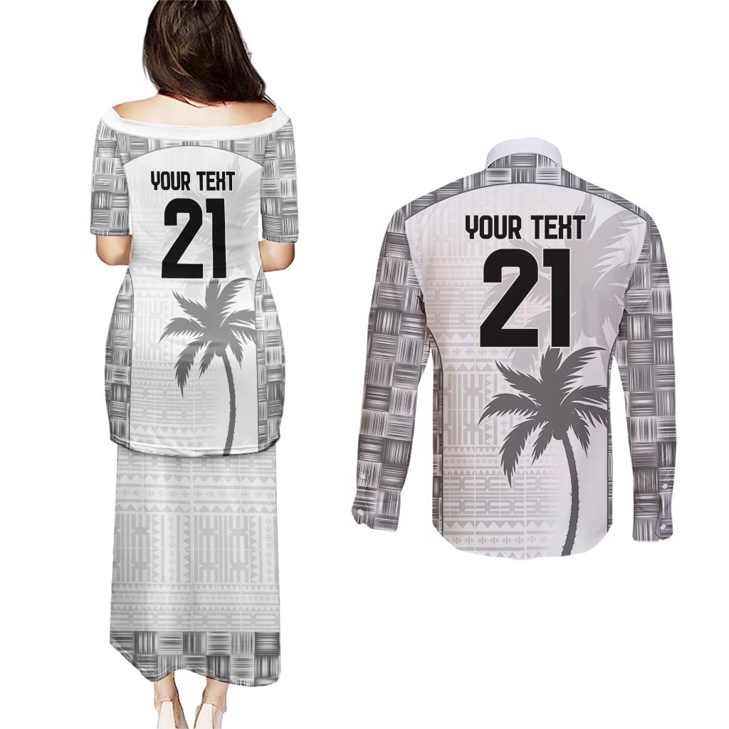 Custom Fiji Rugby Couples Matching Puletasi and Long Sleeve Button Shirt History Champions World Cup 7s - White