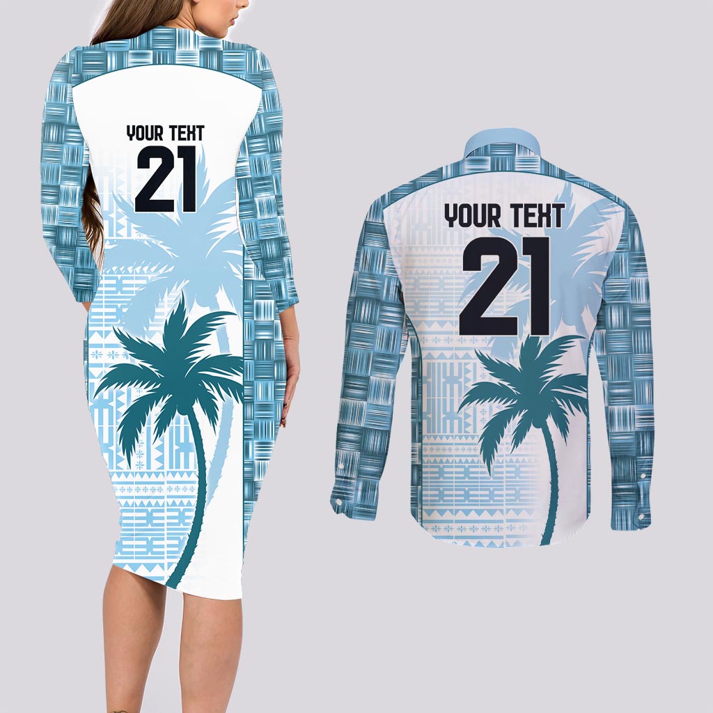 Custom Fiji Rugby Couples Matching Long Sleeve Bodycon Dress and Long Sleeve Button Shirt History Champions World Cup 7s - Bllue