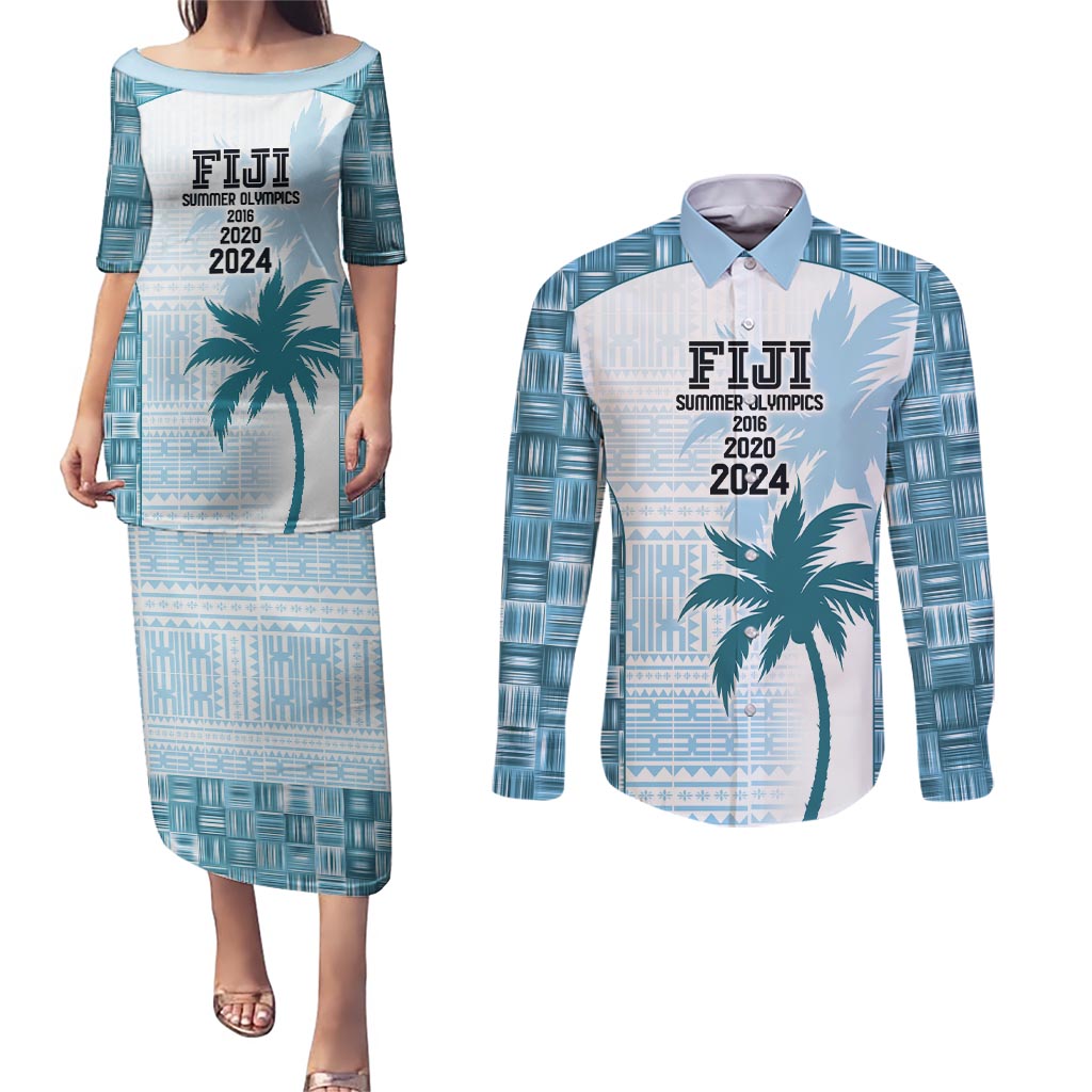 Custom Fiji Rugby Couples Matching Puletasi and Long Sleeve Button Shirt History Champions World Cup 7s - Bllue
