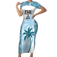 Custom Fiji Rugby Short Sleeve Bodycon Dress History Champions World Cup 7s - Bllue
