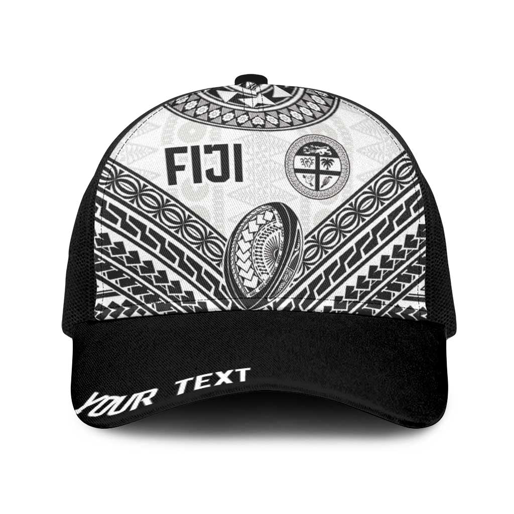 Personalised Rugby Fiji National Heritage Baseball Net Cap White Traditional Masi Inspired LT9 One Size Black White - Polynesian Pride