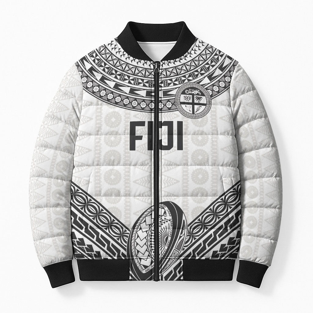 Custom Rugby Fiji National Heritage Bomber Puffer Jacket White Traditional Masi Inspired